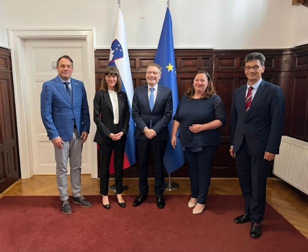 L to R: Minister for Relations between the Republic of Slovenia and the Autochthonous Slovenian National Community in Neighbouring Countries, and between the Republic of Slovenia and Slovenians Abroad, Matej Arčon and Chief of Staff; Chief of Staff to the IOI President, Rebecca Poole; IOI President, Chris Field PSM; Human Rights Ombudsman of the Republic of Slovenia, Peter Svetina.